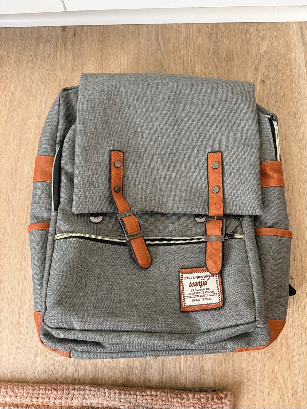 Wenjie Grey Canvas Backpack with Brown Trim